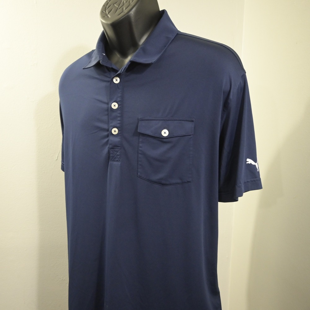 Puma Golf Polo Mens XXL Navy Blue Short Sleeve Button Pocket Performance Shirt